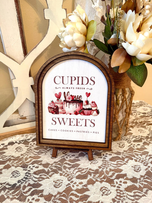 Wood Framed Valentine’s Day Arch Sign – Vintage Cupids Sweets Kitchen Accent – Rustic Farmhouse Decor – Romantic Tabletop Shelf Sign