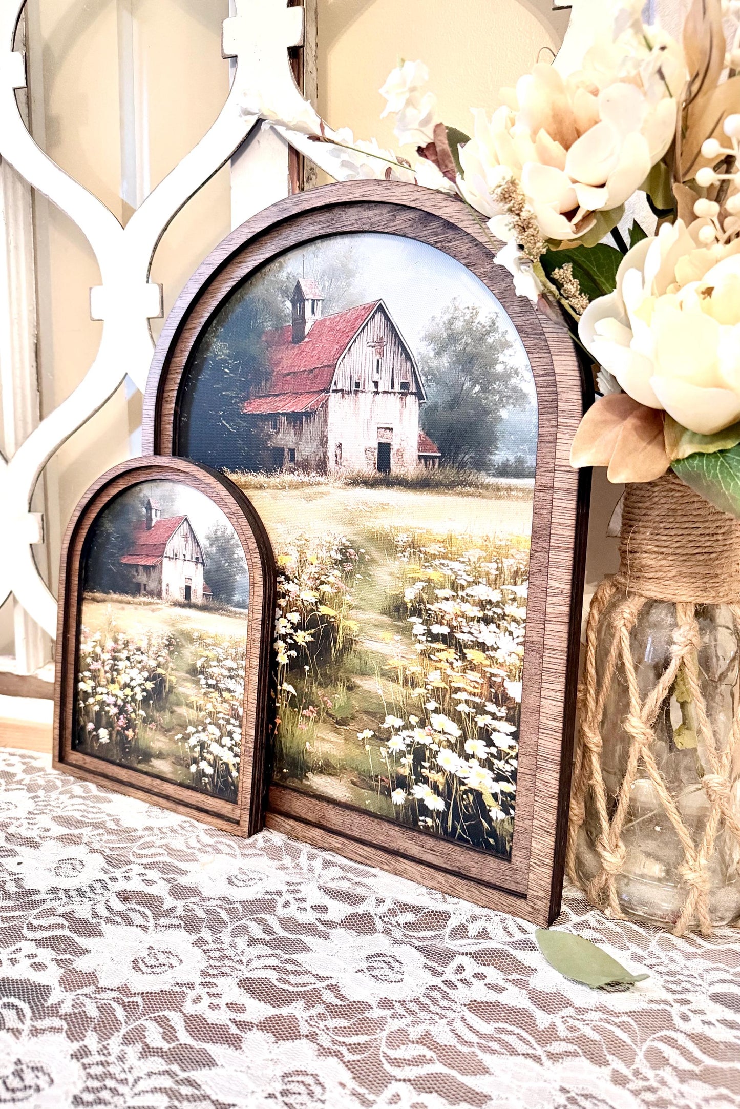Canvas Wood Framed Arch Print, Farmhouse Rustic Barn framed Canvas Print, Spring Flower Field Home Accent