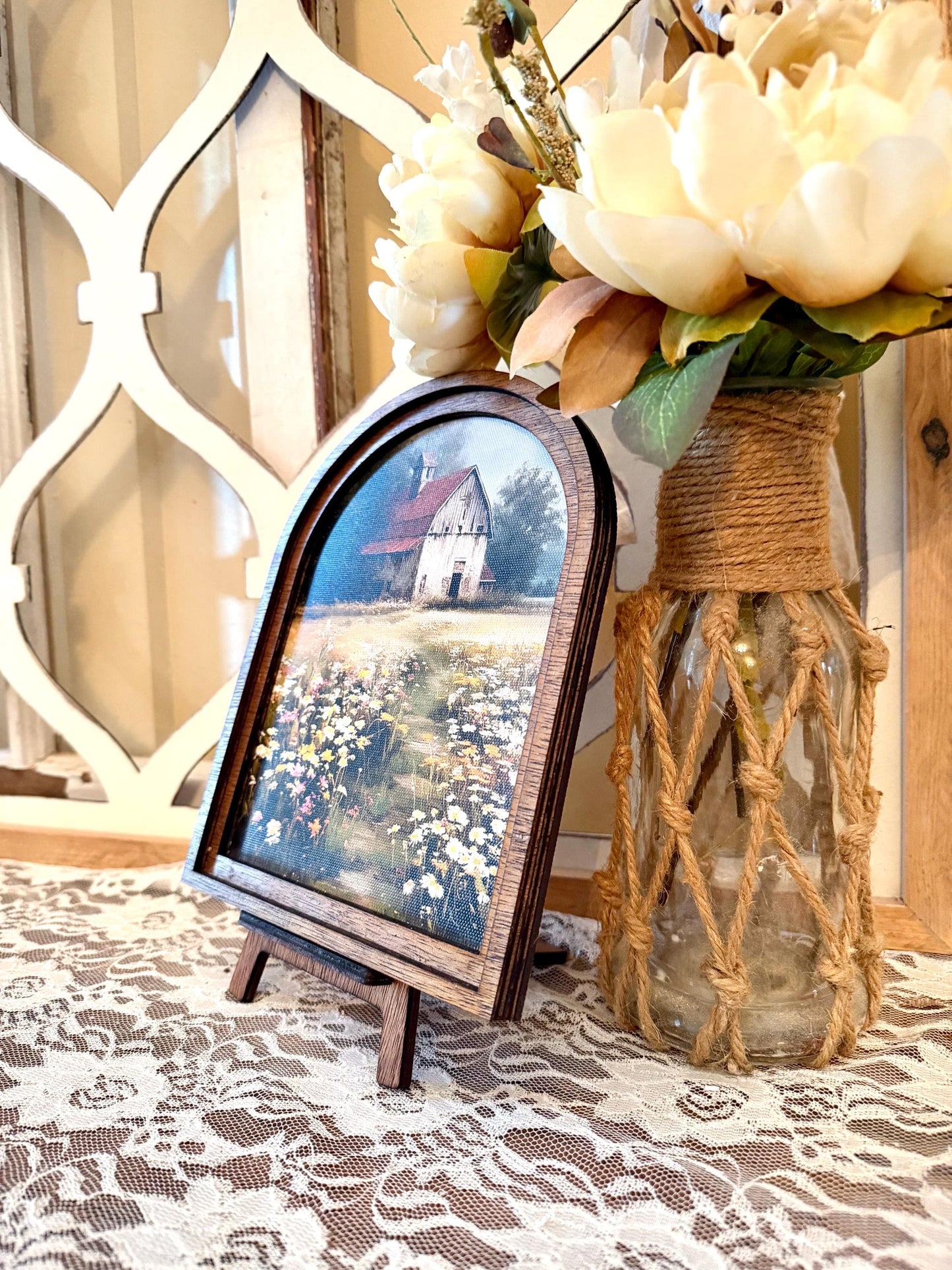 Canvas Wood Framed Arch Print, Farmhouse Rustic Barn framed Canvas Print, Spring Flower Field Home Accent