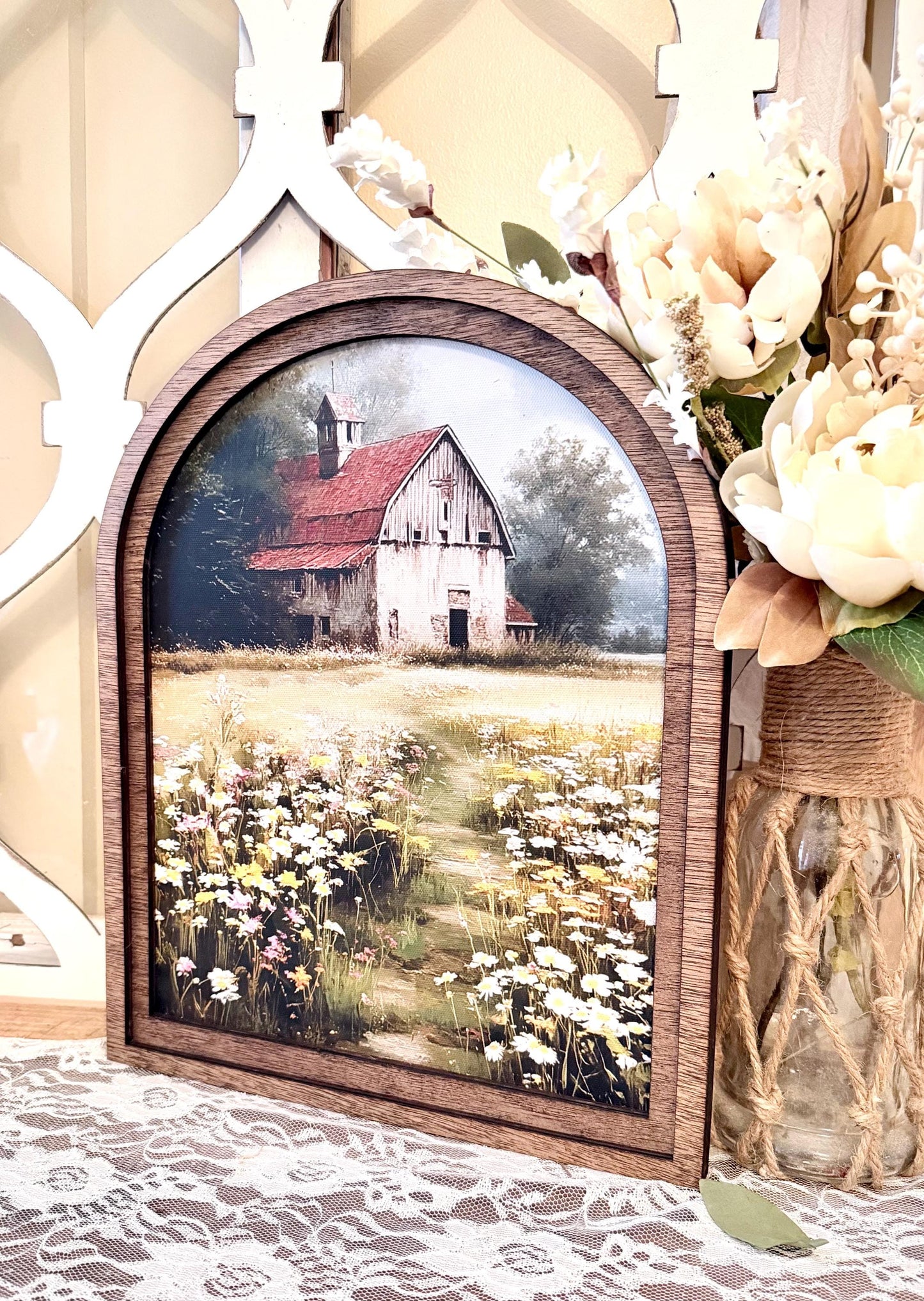 Canvas Wood Framed Arch Print, Farmhouse Rustic Barn framed Canvas Print, Spring Flower Field Home Accent