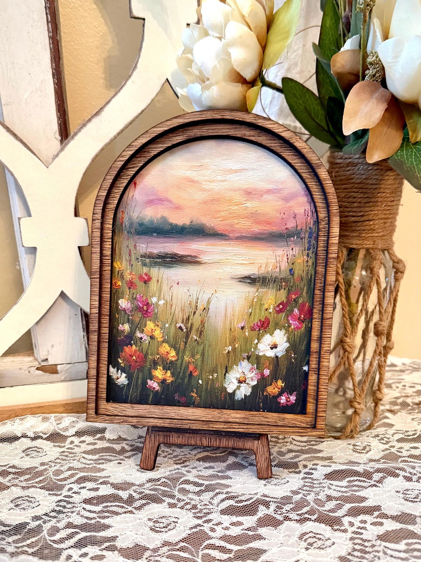 Arched Wood Framed Canvas Art, Wildflower Landscape Sunset Painting, Rustic Farmhouse Home Accent, Nature Wall Decor