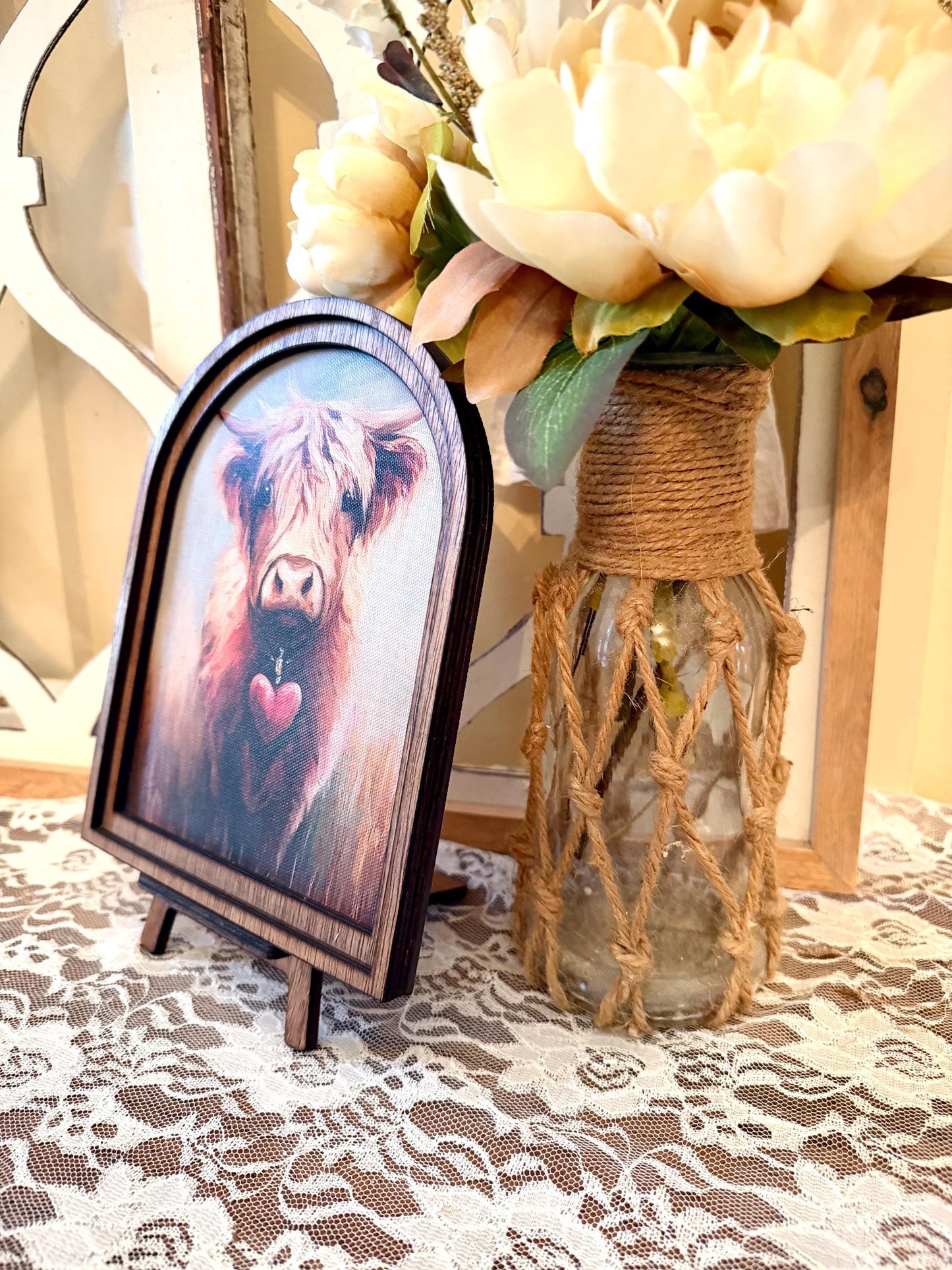 Wood Framed Valentine’s Day Arch Sign – Rustic Farmhouse Decor – Romantic Tabletop Shelf  Sign