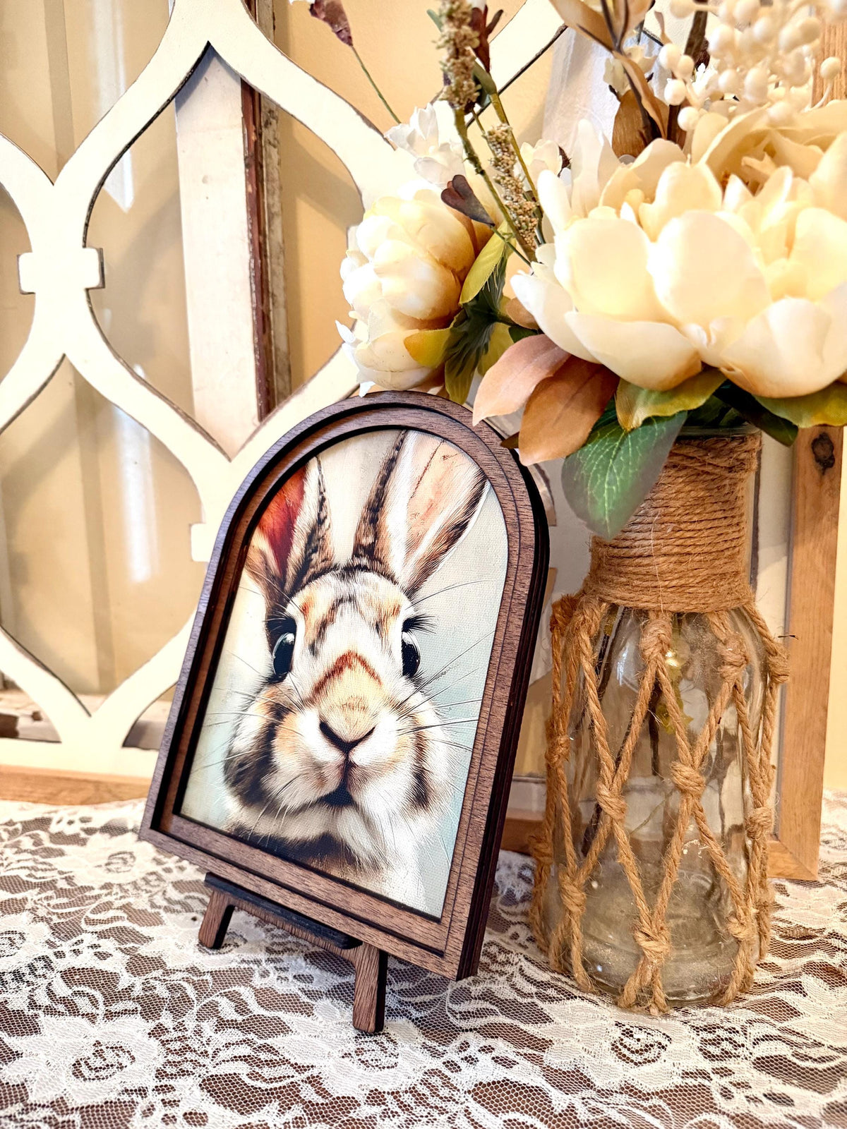 Cute bunny Easter Farmhouse Decor, Spring Easter Bunny Wood framed Art, table top arch sign
