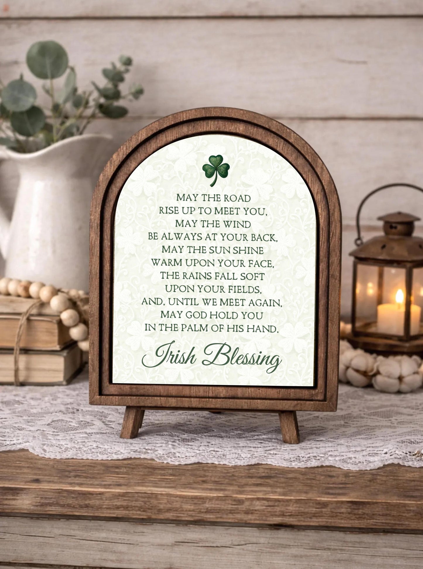 Irish Blessing Arched Sign – St. Patrick’s Day Farmhouse Decor, Celtic Shamrock Wall Art, Rustic Wood Framed Quote, Lucky Home Gift
