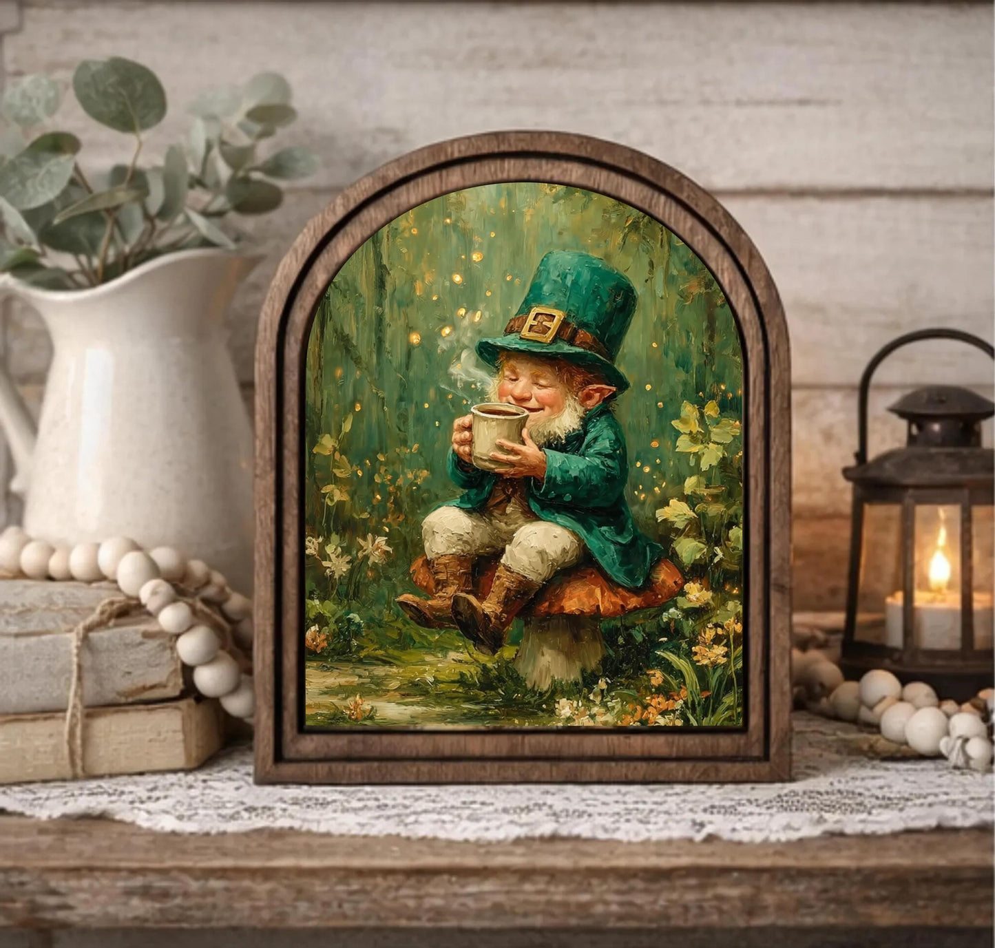 Saint Patrick’s Day Arched Sign – St. Patrick’s Day Farmhouse Decor, Shamrock coffee bar sign, cute leprechaun Art