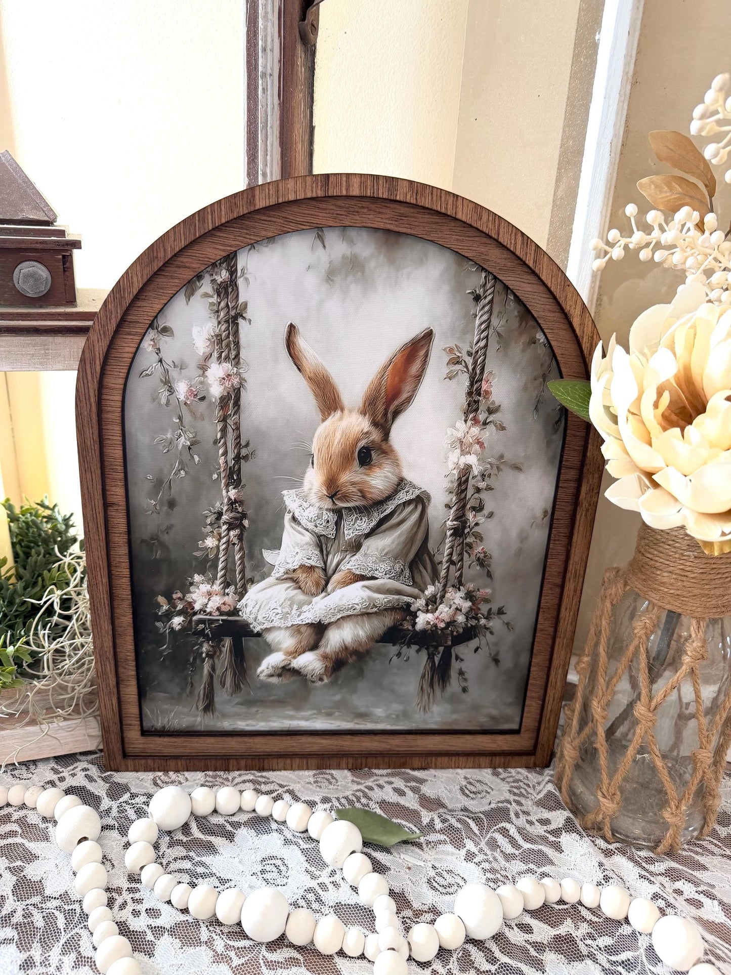 Cute bunny Easter Farmhouse Decor, Spring Easter Bunny Wood framed Art, table top arch sign