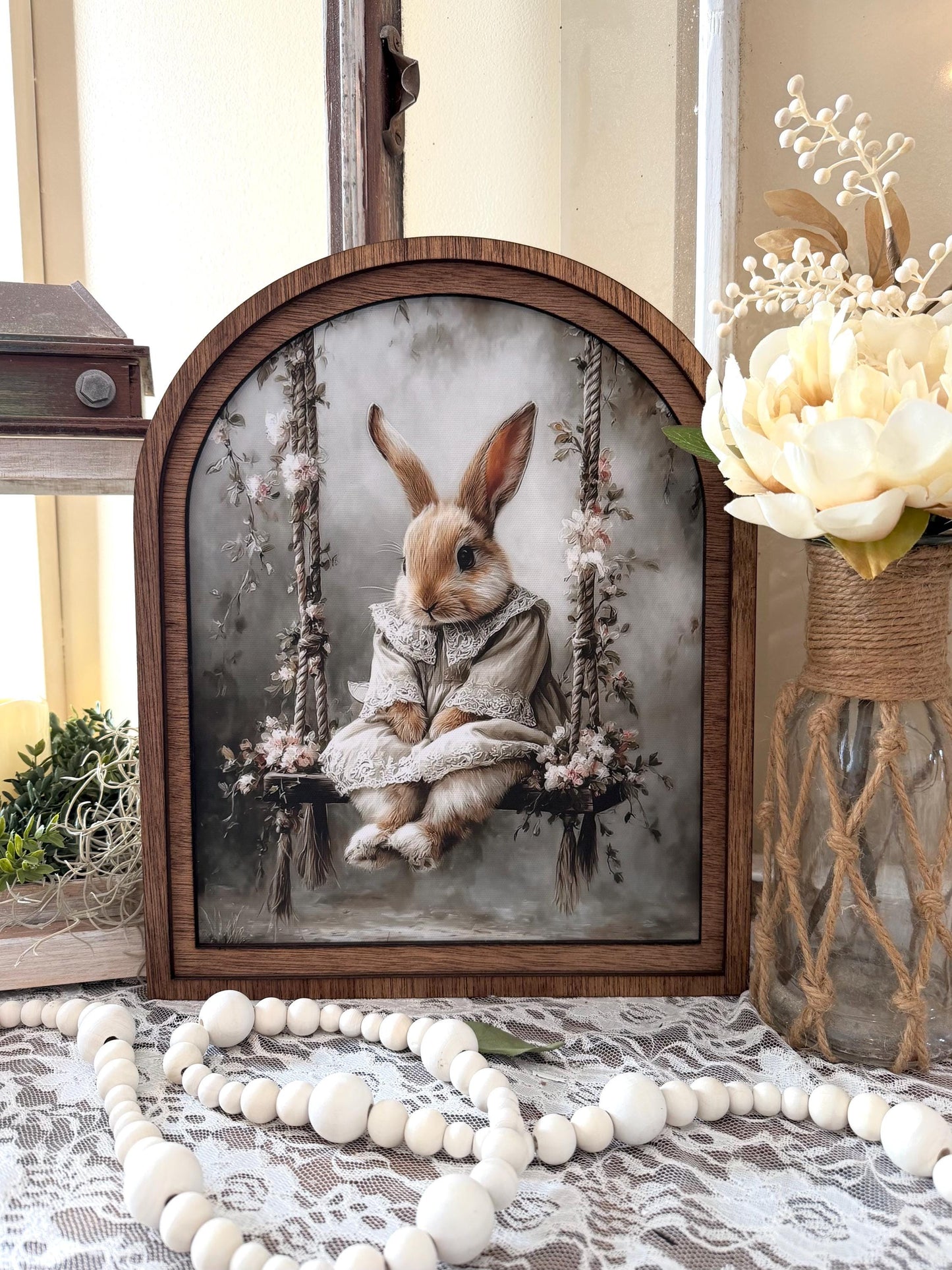 Cute bunny Easter Farmhouse Decor, Spring Easter Bunny Wood framed Art, table top arch sign
