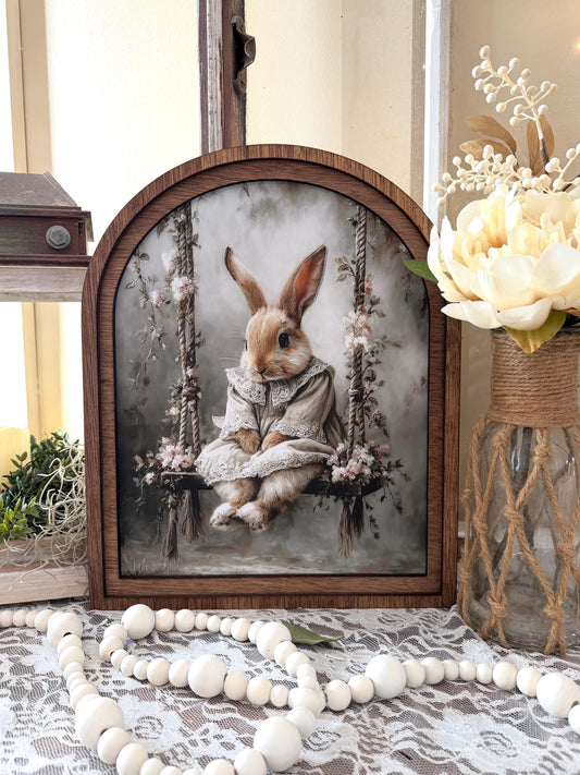 Cute bunny Easter Farmhouse Decor, Spring Easter Bunny Wood framed Art, table top arch sign