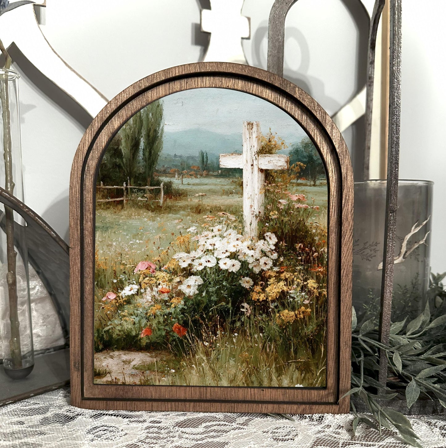 Rustic Wood Framed Cross Wall Art – Christian Wildflower Landscape Canvas – Farmhouse Religious Decor – Country Meadow Jesus Cross Artwork