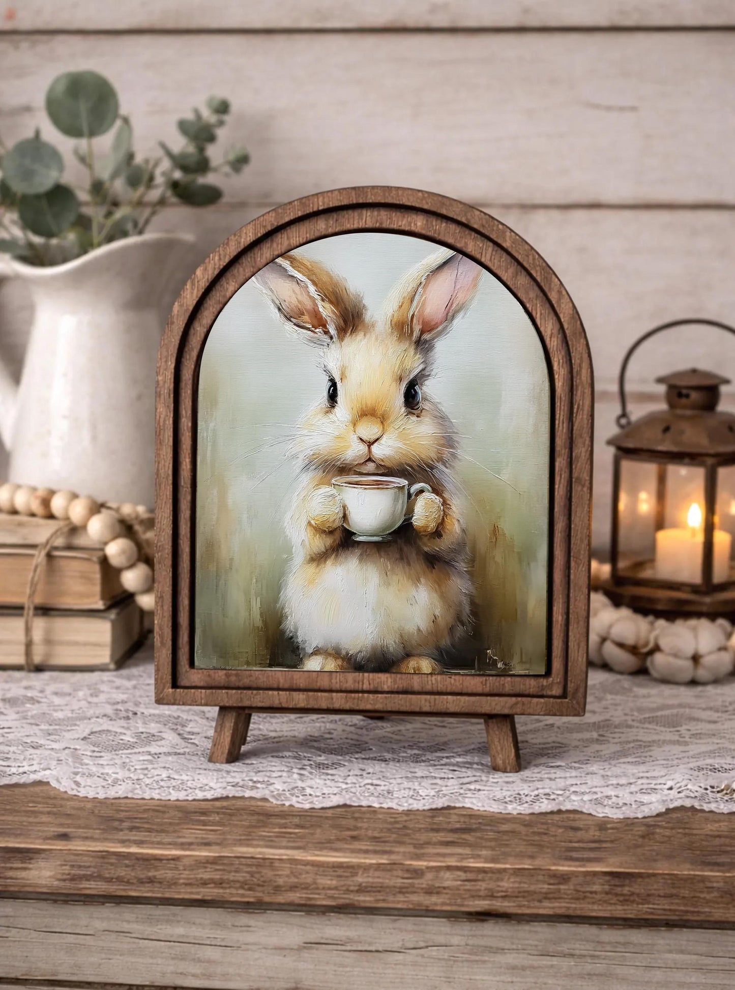 Rustic Bunny Wall Art Sign | Arched Wood Frame | Farmhouse Spring Decor | Easter Shelf Sitter |
