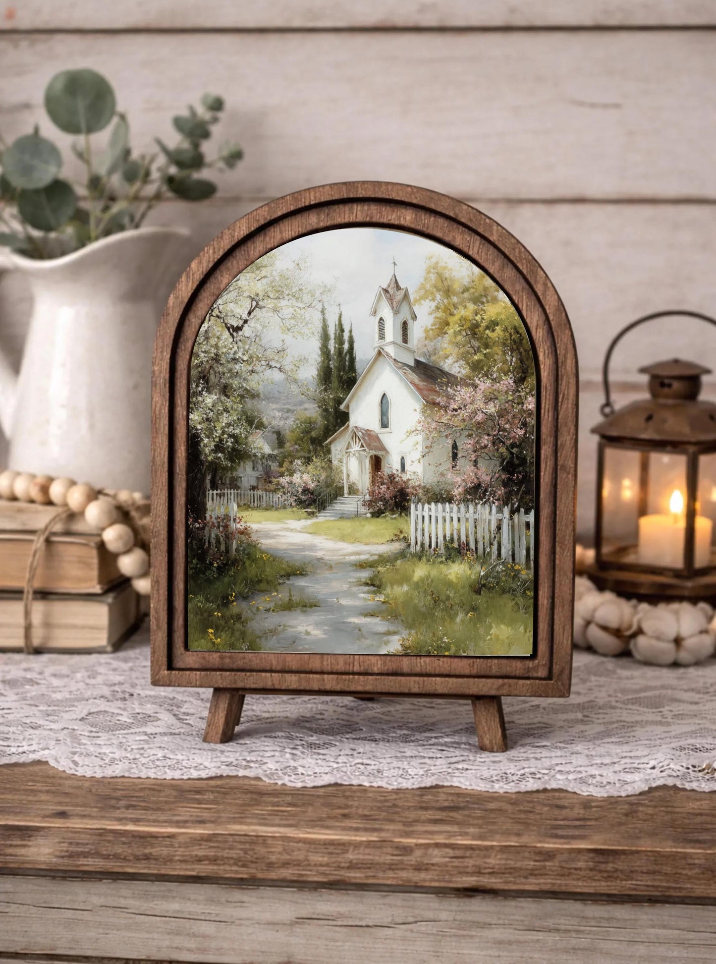 Wood Framed Arch Sign with White Religious Church in a Beautiful Field | Farmhouse Decor, Faith Inspired Home Accent
