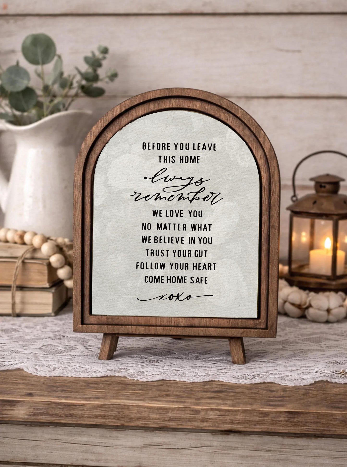 Before you leave this home Mini Arched Tabletop Sign - Inspirational Home Decor for Entryway or Desk, Unique Gift Idea