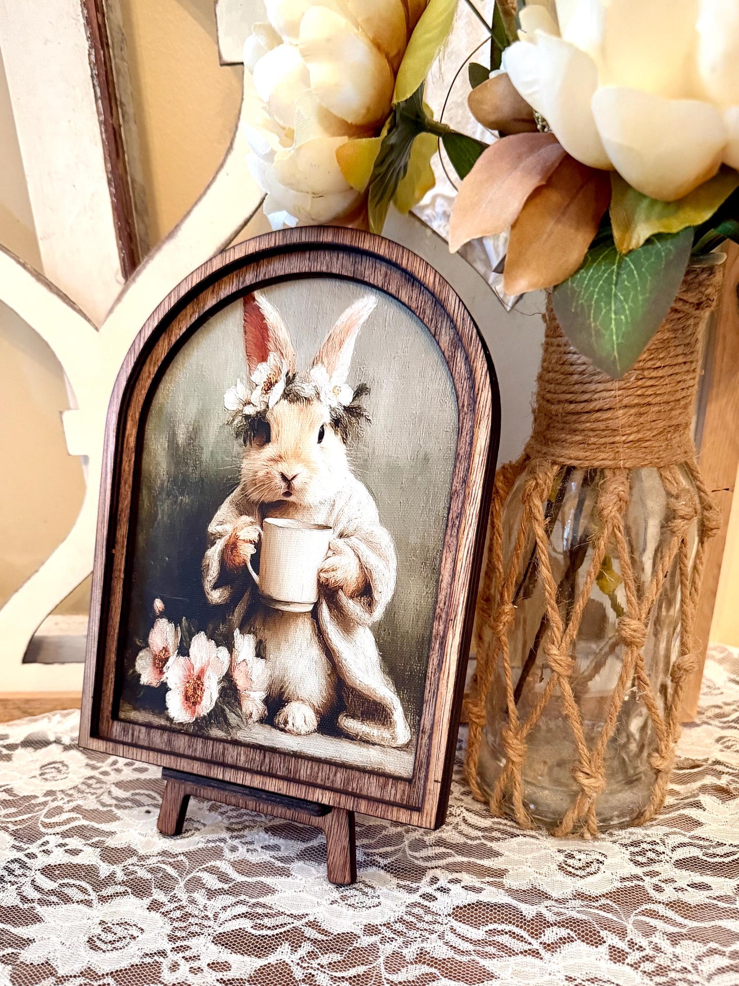 Rustic Bunny wood framed Canvas Sign | Arched Wood Frame | Farmhouse Spring Decor | Easter Shelf Sitter |