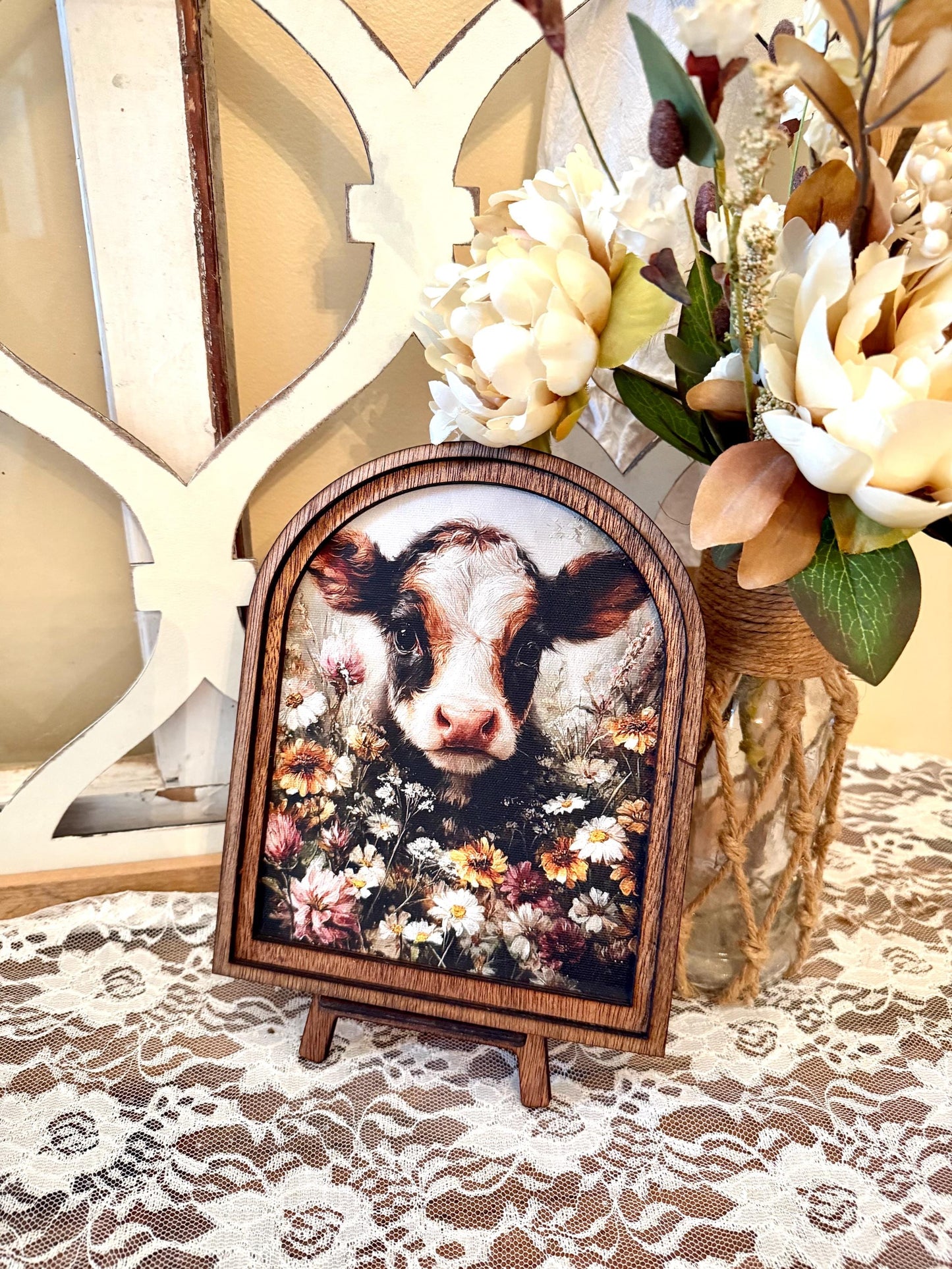 Rustic Cow wood framed Canvas Sign | Arched Wood Frame | Farmhouse Spring Decor | Floral Shelf Sitter |