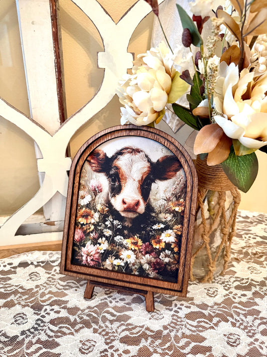 Rustic Cow wood framed Canvas Sign | Arched Wood Frame | Farmhouse Spring Decor | Floral Shelf Sitter |