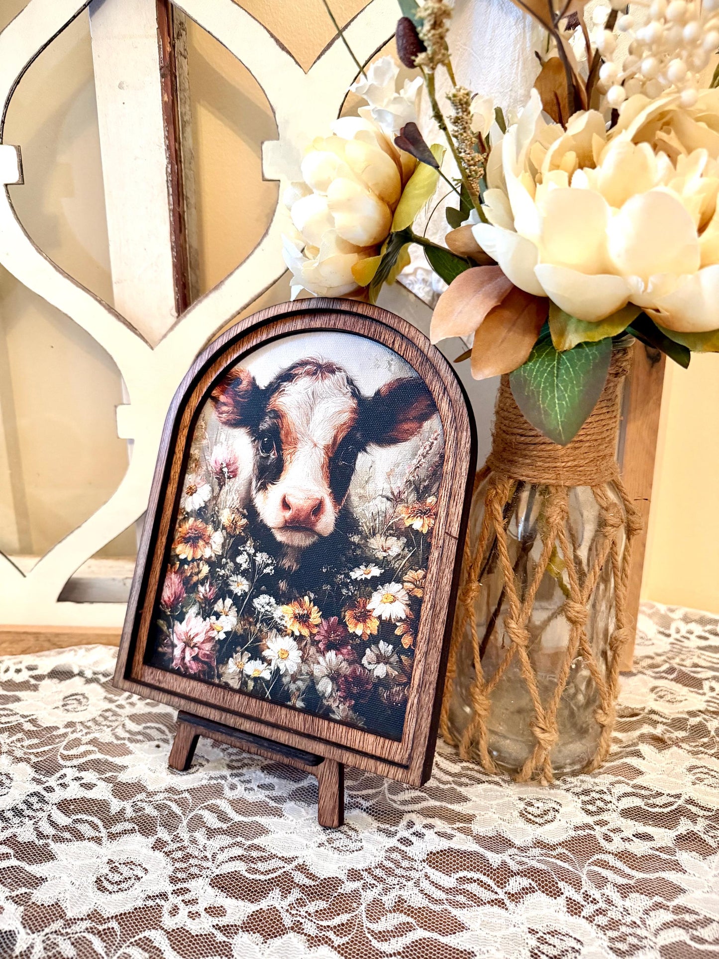 Rustic Cow wood framed Canvas Sign | Arched Wood Frame | Farmhouse Spring Decor | Floral Shelf Sitter |