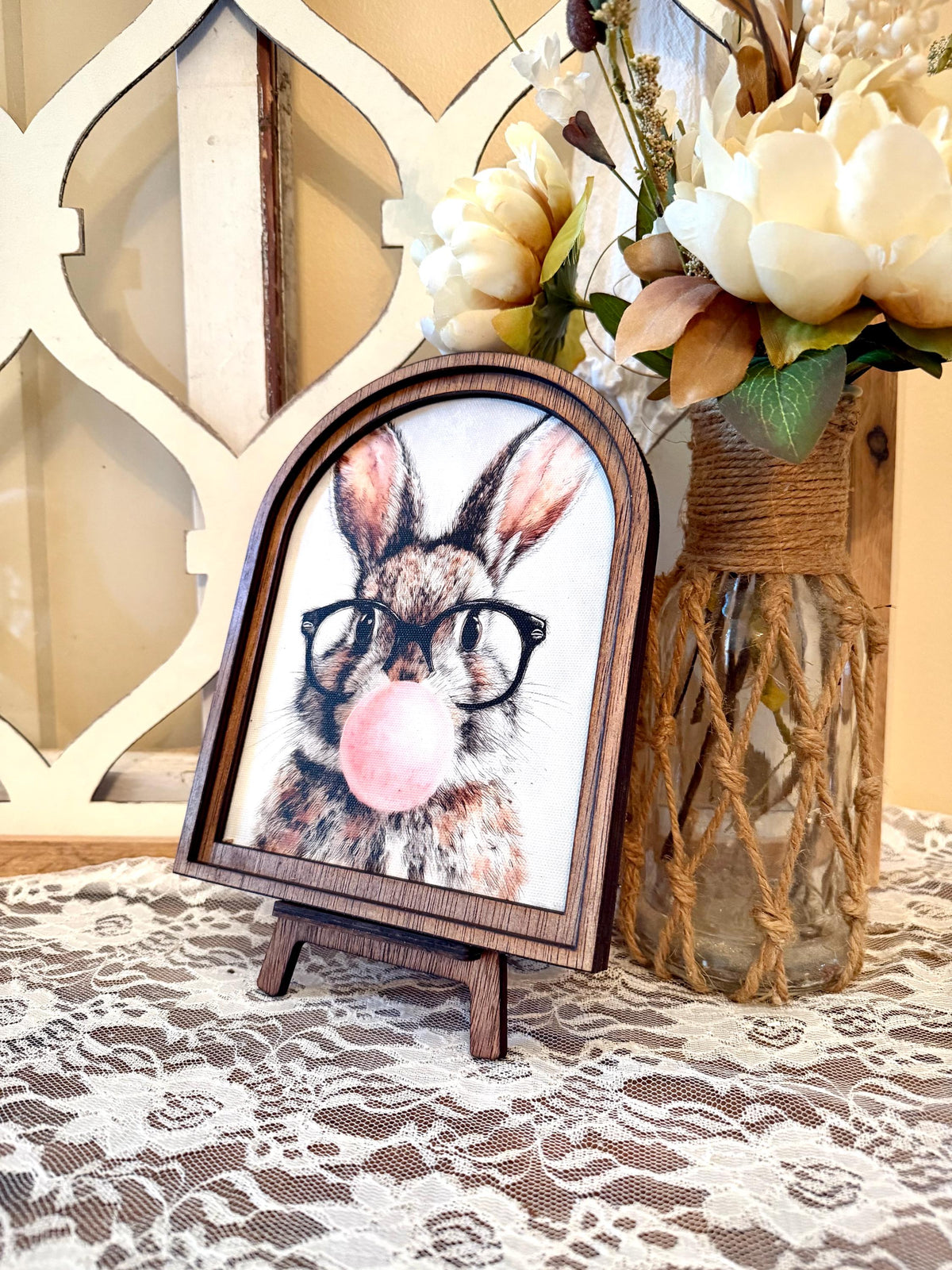 Rustic Bunny wood framed Canvas Sign | Arched Wood Frame | Farmhouse Spring Decor | Easter Shelf Sitter |