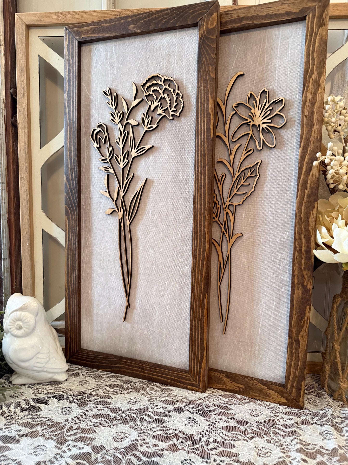 wooden 3D boho floral framed wall art modern farmhouse botanical wall decor