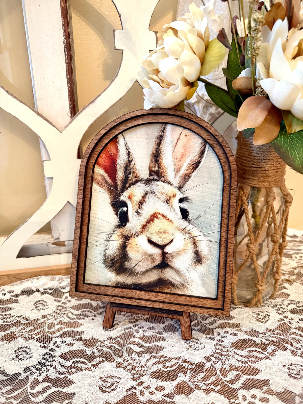 Cute bunny Easter Farmhouse Decor, Spring Easter Bunny Wood framed Art, table top arch sign