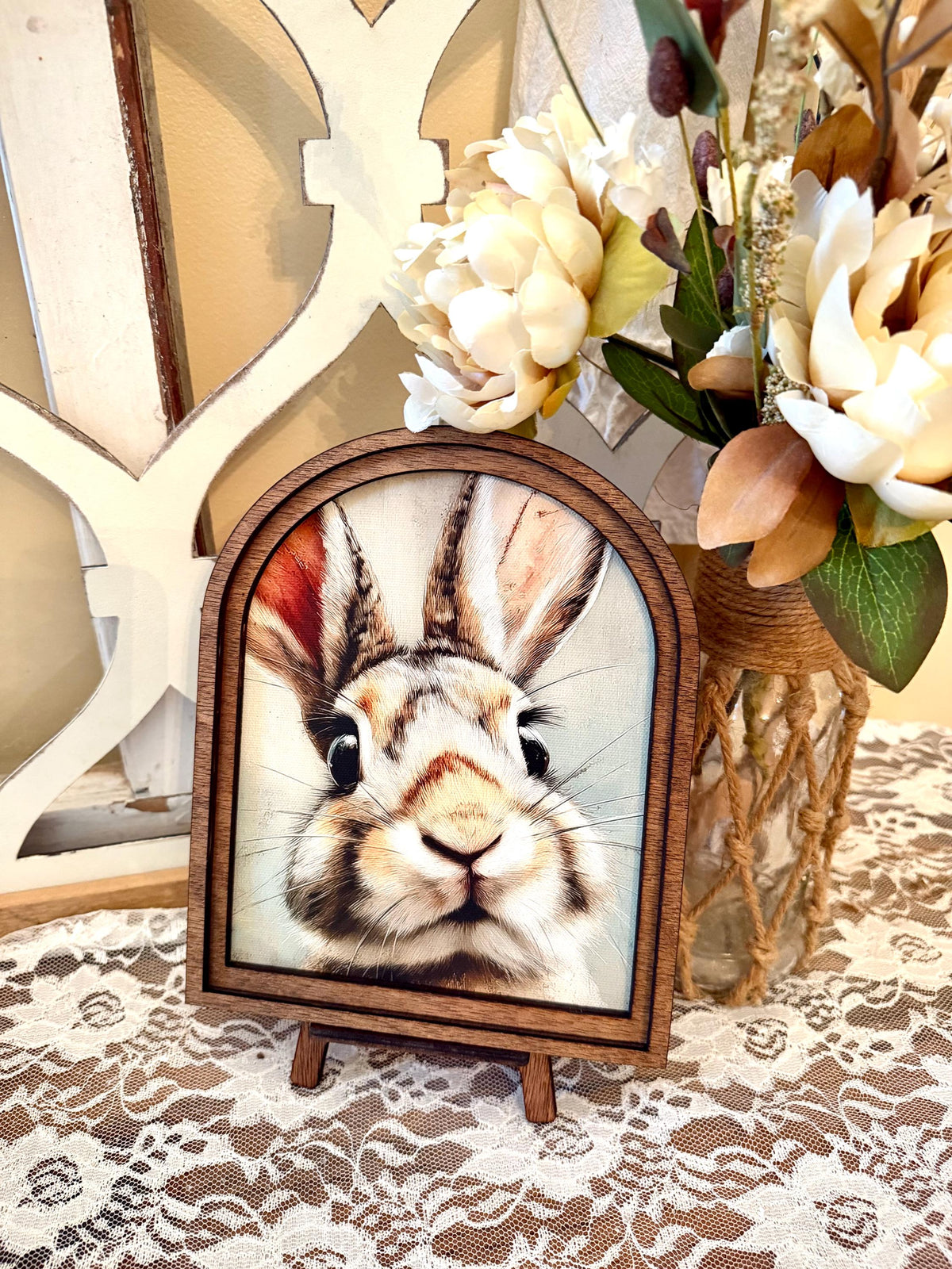 Cute bunny Easter Farmhouse Decor, Spring Easter Bunny Wood framed Art, table top arch sign