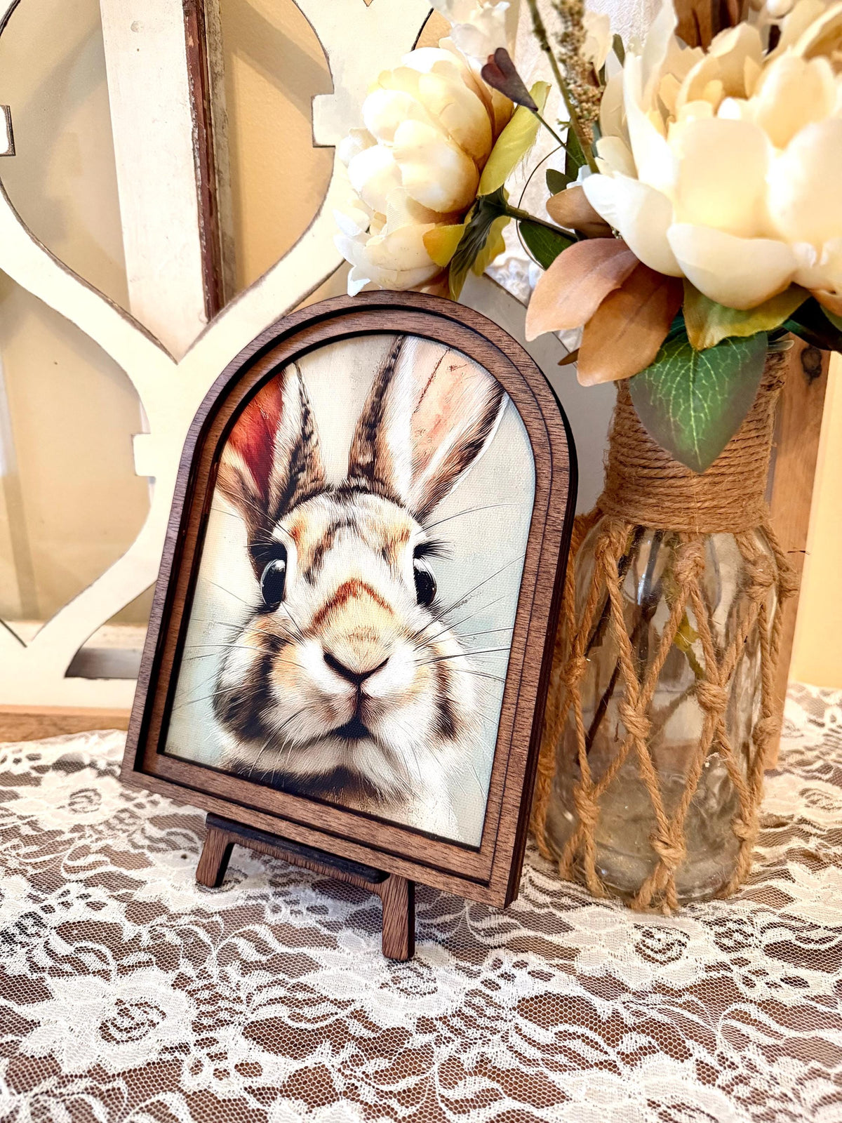 Cute bunny Easter Farmhouse Decor, Spring Easter Bunny Wood framed Art, table top arch sign