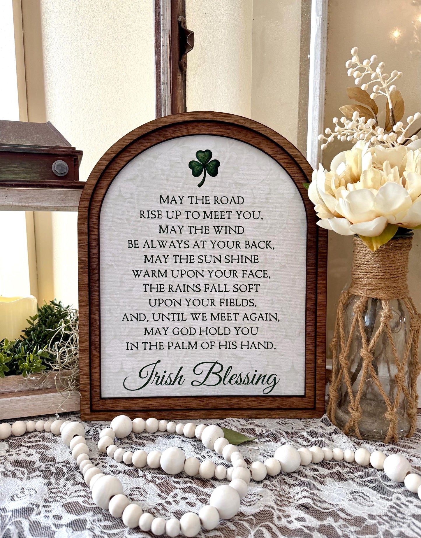Irish Blessing Arched Sign – St. Patrick’s Day Farmhouse Decor, Celtic Shamrock Wall Art, Rustic Wood Framed Quote, Lucky Home Gift