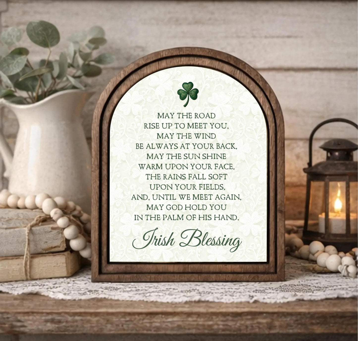 Irish Blessing Arched Sign – St. Patrick’s Day Farmhouse Decor, Celtic Shamrock Wall Art, Rustic Wood Framed Quote, Lucky Home Gift