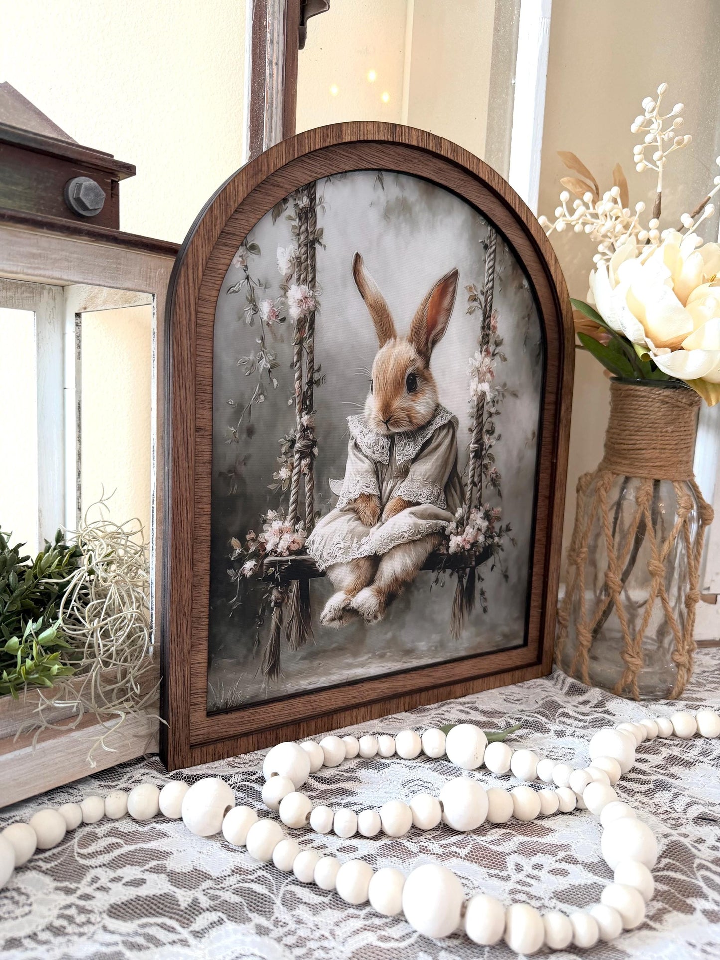 Cute bunny Easter Farmhouse Decor, Spring Easter Bunny Wood framed Art, table top arch sign