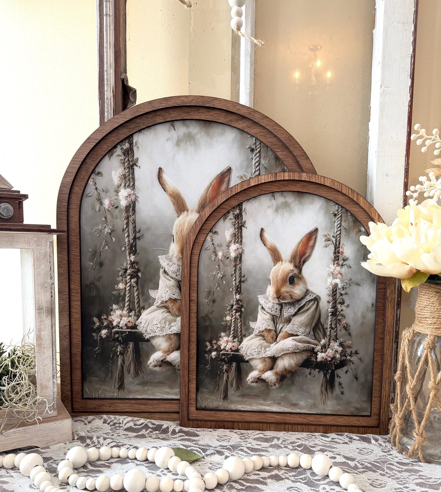 Cute bunny Easter Farmhouse Decor, Spring Easter Bunny Wood framed Art, table top arch sign