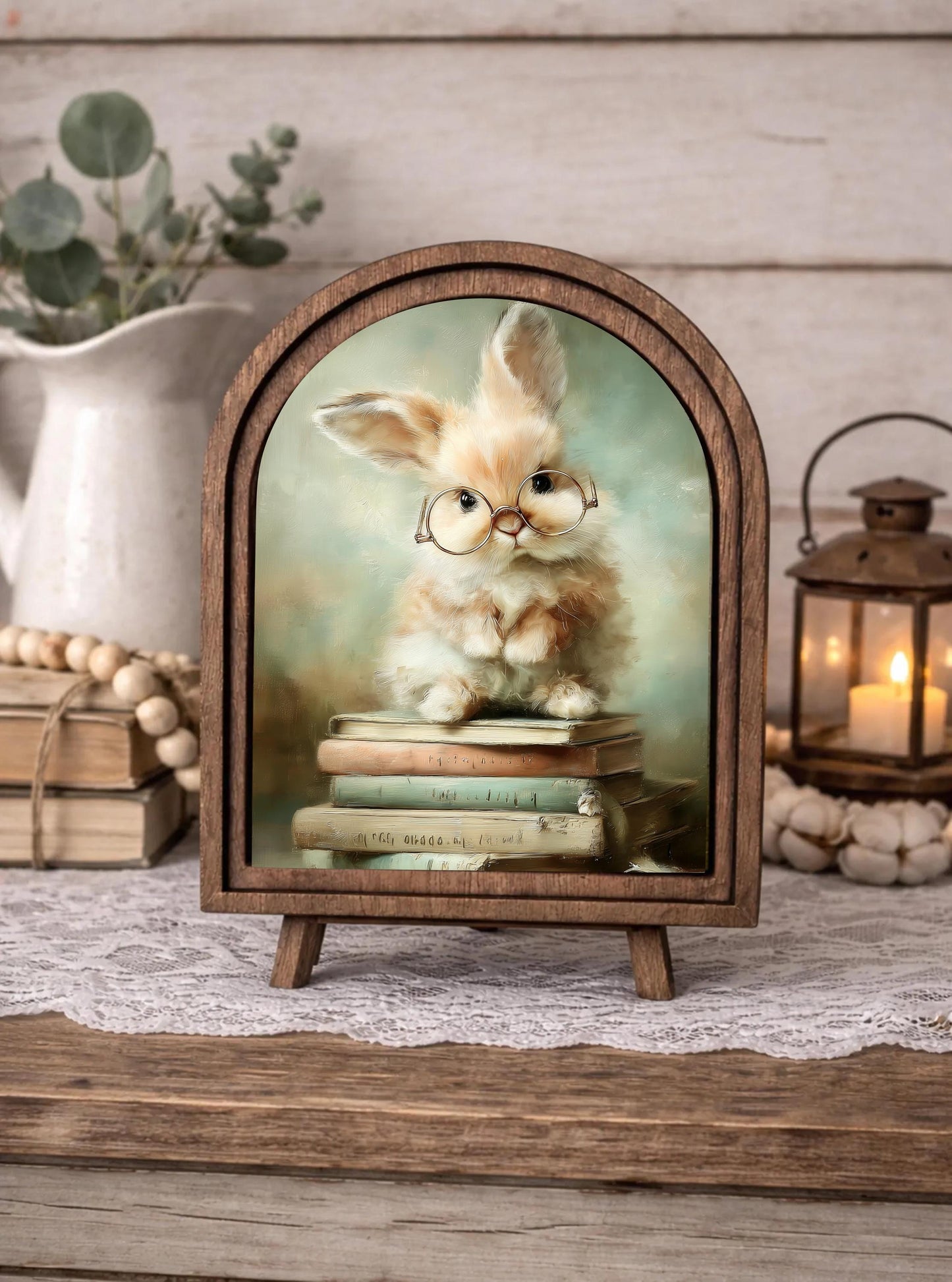 Cute easter bunny reading arched frame home accent, Farmhouse spring shelf sitter, Wood framed easter canvas art