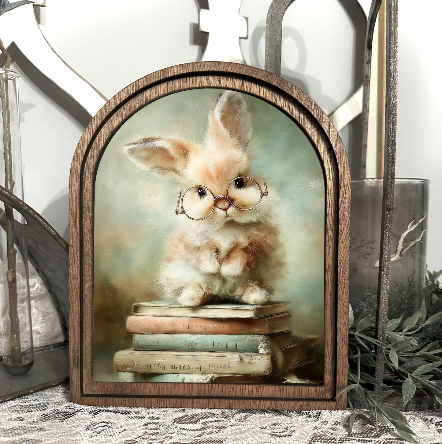 Cute easter bunny reading arched frame home accent, Farmhouse spring shelf sitter, Wood framed easter canvas art
