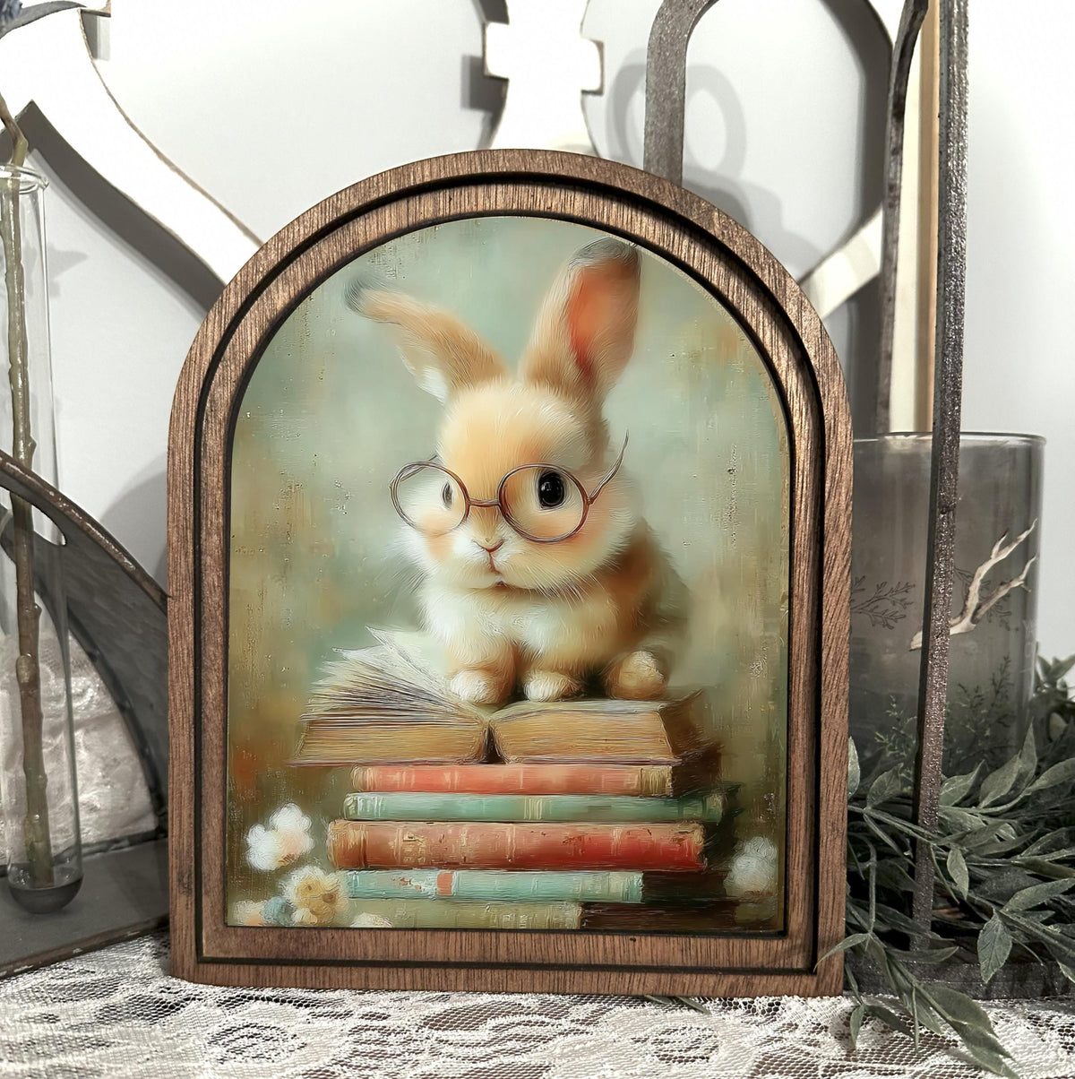 Cute easter bunny reading arched frame home accent, Farmhouse spring shelf sitter, Wood framed easter canvas art