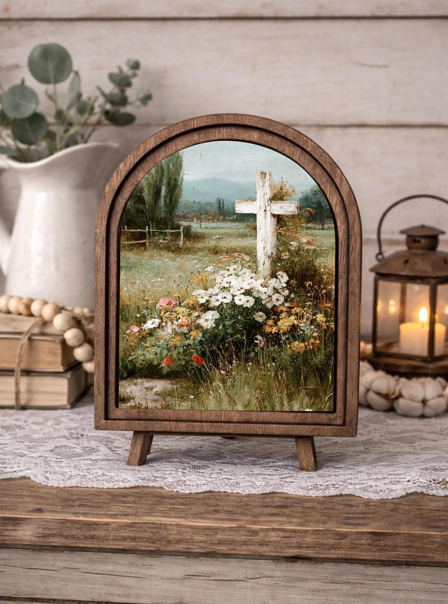 Rustic Wood Framed Cross Wall Art – Christian Wildflower Landscape Canvas – Farmhouse Religious Decor – Country Meadow Jesus Cross Artwork