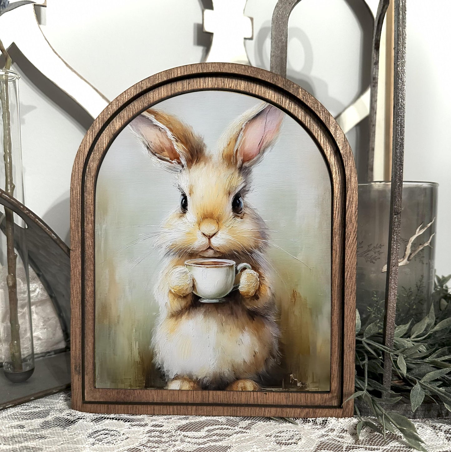 Rustic Bunny Wall Art Sign | Arched Wood Frame | Farmhouse Spring Decor | Easter Shelf Sitter |