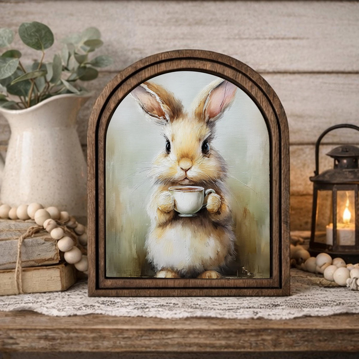 Rustic Bunny Wall Art Sign | Arched Wood Frame | Farmhouse Spring Decor | Easter Shelf Sitter |
