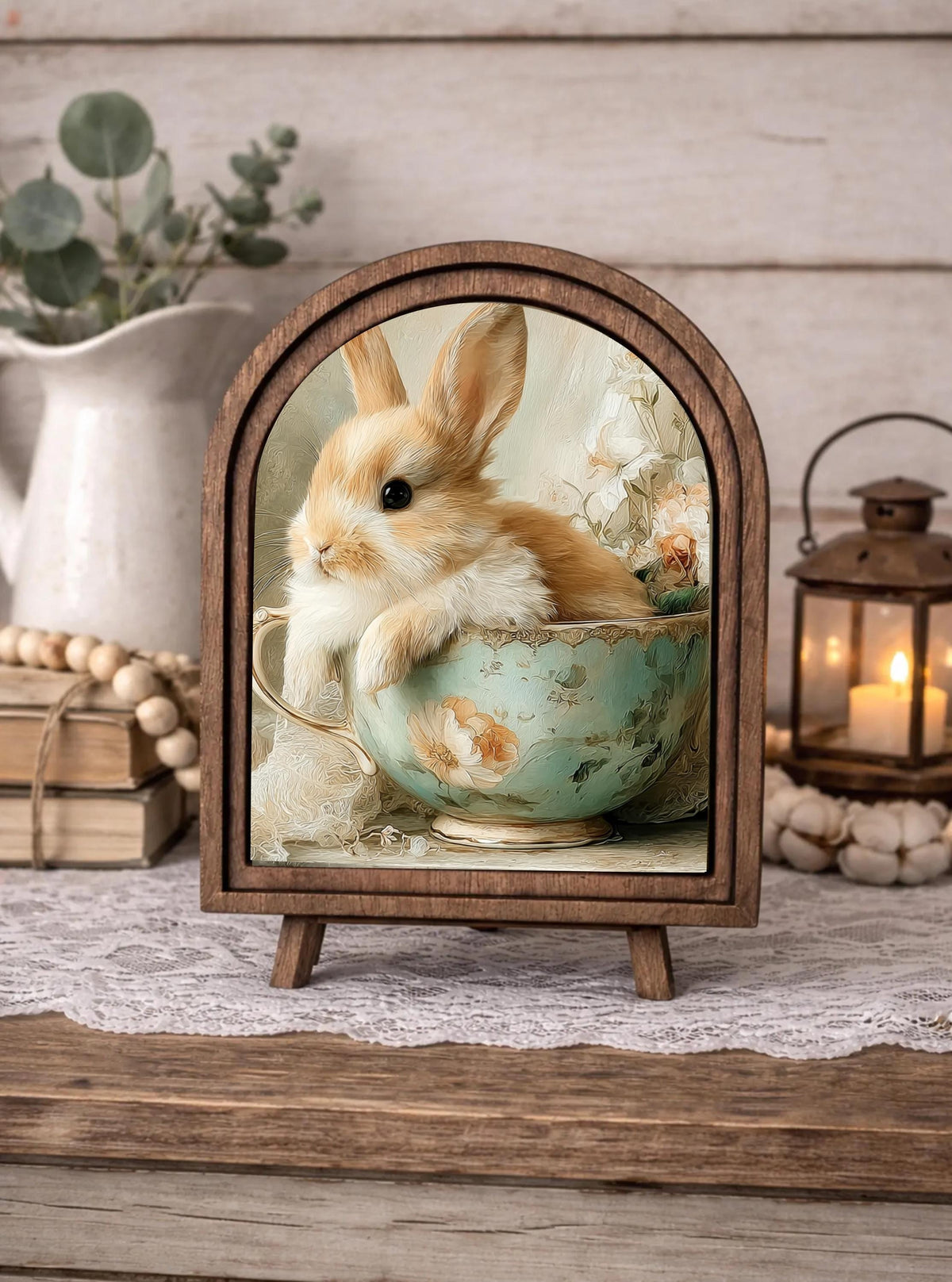 Rustic Bunny wood framed Canvas Sign | Arched Wood Frame | Farmhouse Spring Decor | Easter Shelf Sitter |