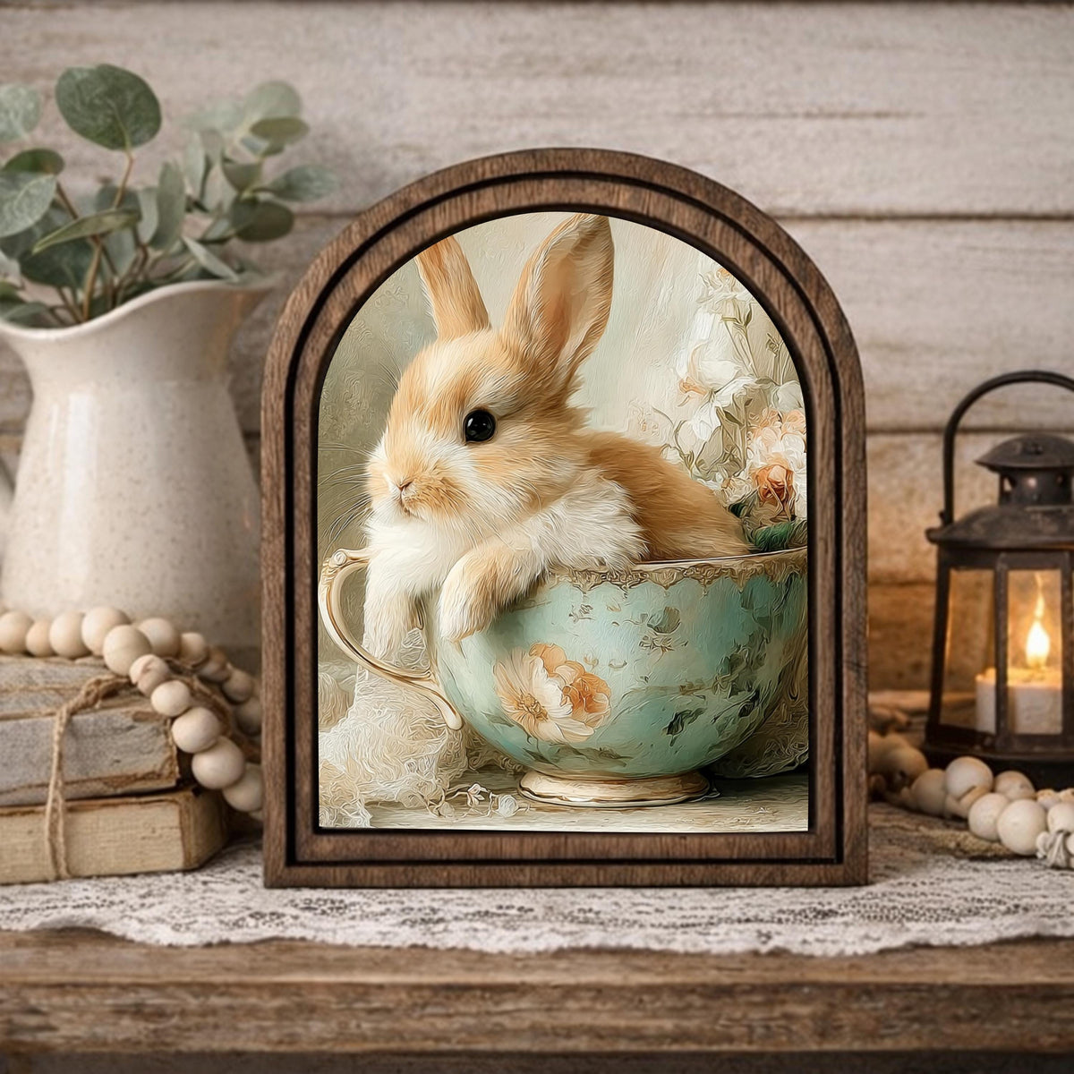 Rustic Bunny wood framed Canvas Sign | Arched Wood Frame | Farmhouse Spring Decor | Easter Shelf Sitter |