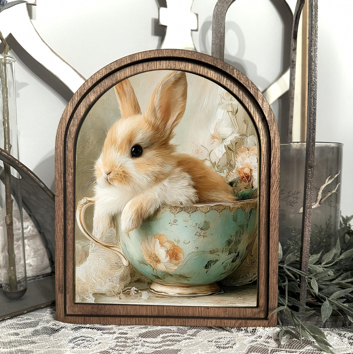 Rustic Bunny wood framed Canvas Sign | Arched Wood Frame | Farmhouse Spring Decor | Easter Shelf Sitter |