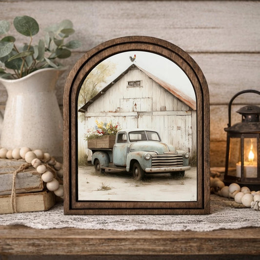 Handmade Wood Framed Arch Sign – Farmhouse Cottage Spring Decor – Vintage Truck & Barn Art – Rustic Mantel Shelf Accent