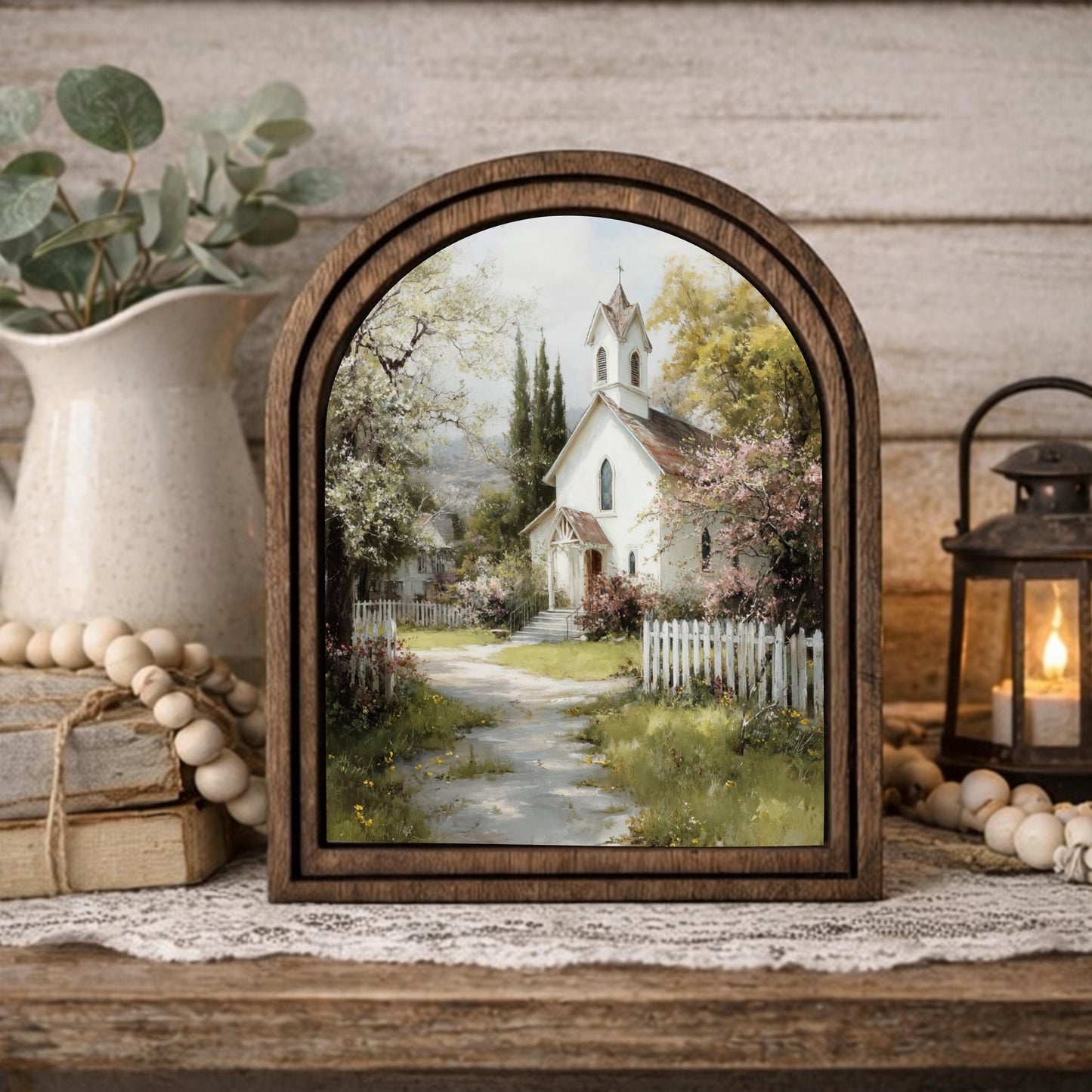 Wood Framed Arch Sign with White Religious Church in a Beautiful Field | Farmhouse Decor, Faith Inspired Home Accent