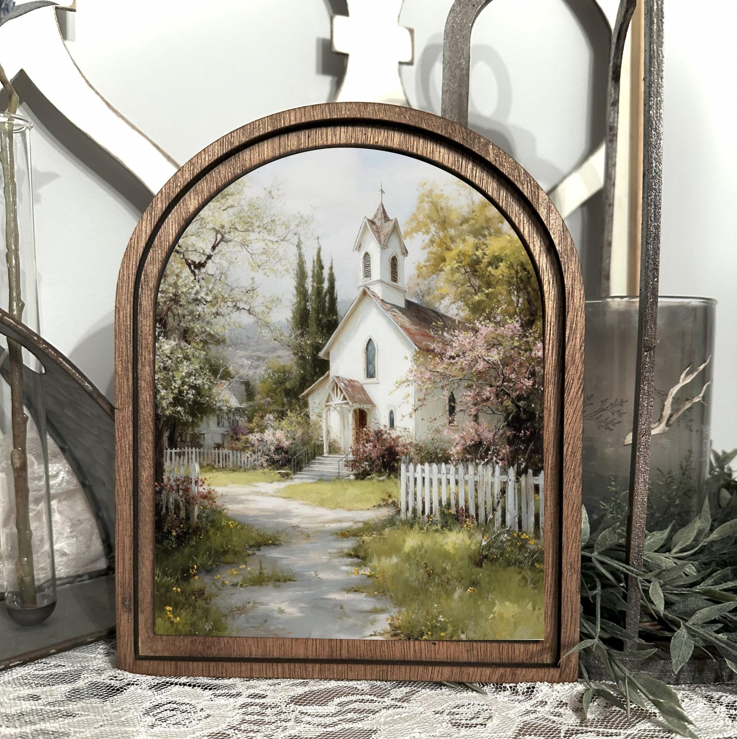 Wood Framed Arch Sign with White Religious Church in a Beautiful Field | Farmhouse Decor, Faith Inspired Home Accent