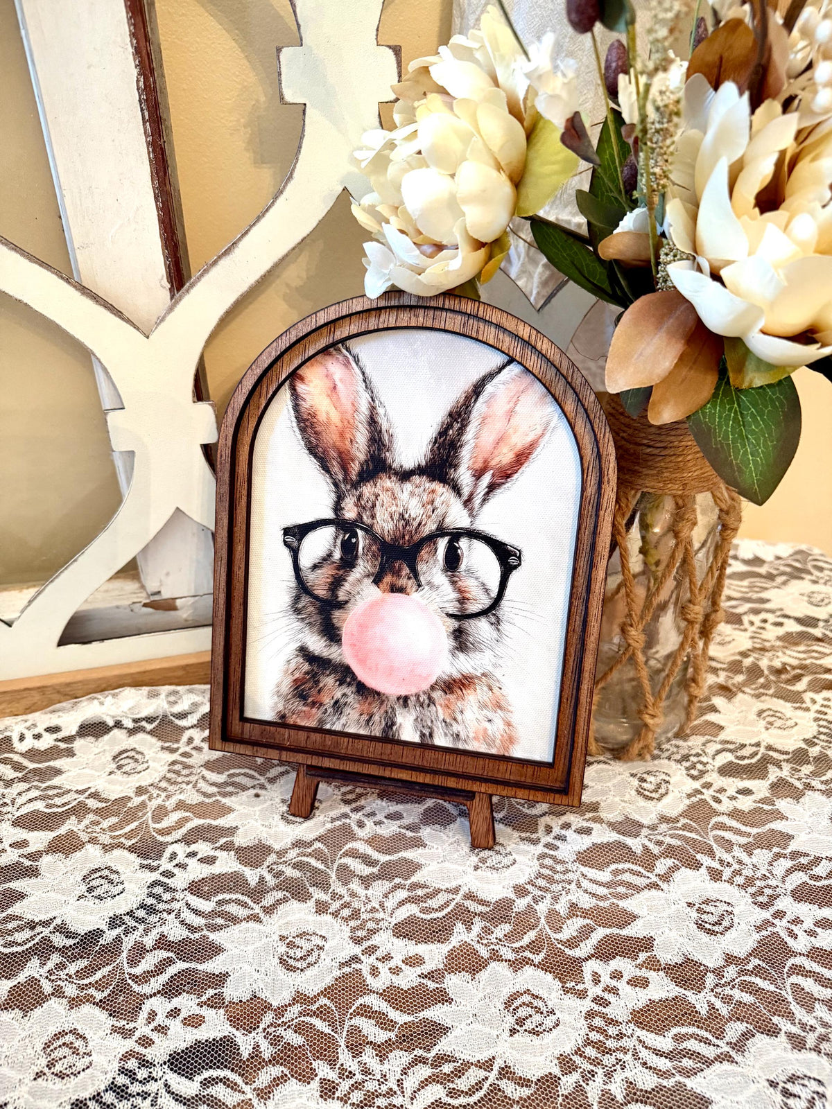 Rustic Bunny wood framed Canvas Sign | Arched Wood Frame | Farmhouse Spring Decor | Easter Shelf Sitter |