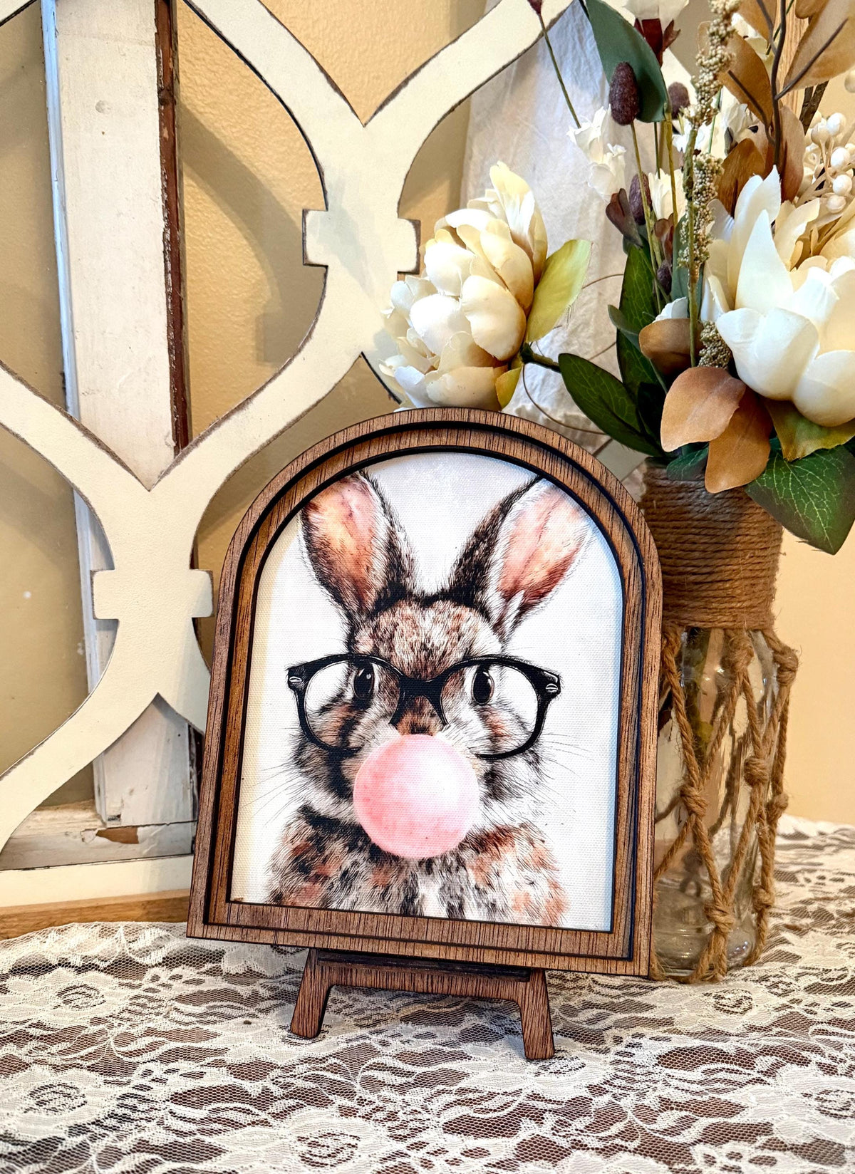 Rustic Bunny wood framed Canvas Sign | Arched Wood Frame | Farmhouse Spring Decor | Easter Shelf Sitter |
