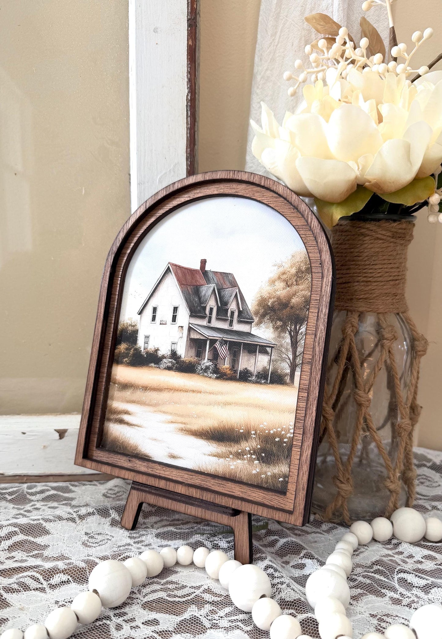Patriotic Wood Framed Arched Canvad Print, Farmhouse Rustic Barn framed Canvas Print,  Home Accent Decor