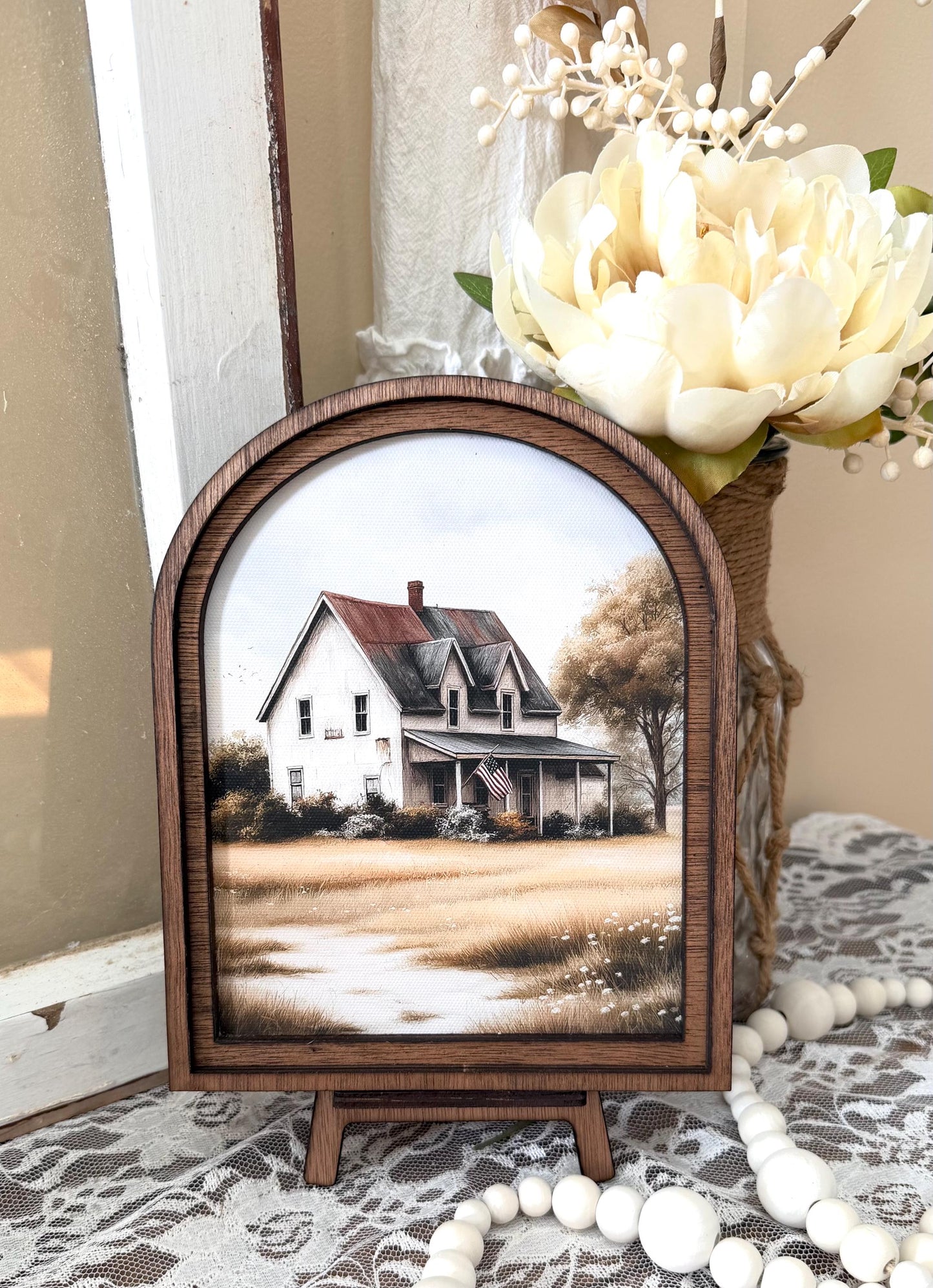 Patriotic Wood Framed Arched Canvad Print, Farmhouse Rustic Barn framed Canvas Print,  Home Accent Decor