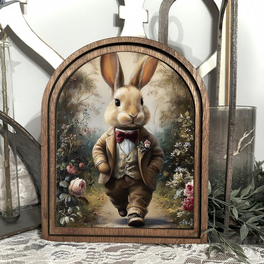 arched frame vintage storybook bunny, Framed Canvas easter bunny art, Spring Mantle Decor