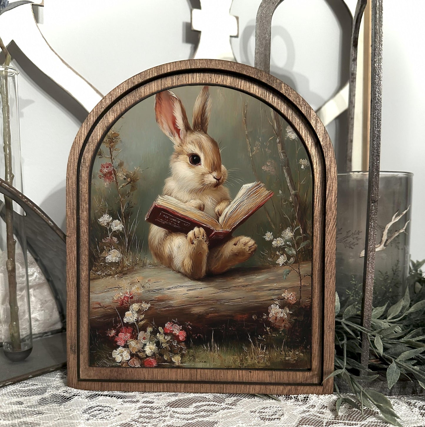 easter bunny arch wood framed home accent, Farmhouse shelf sitter, easter canvas art, Book lovers spring decor