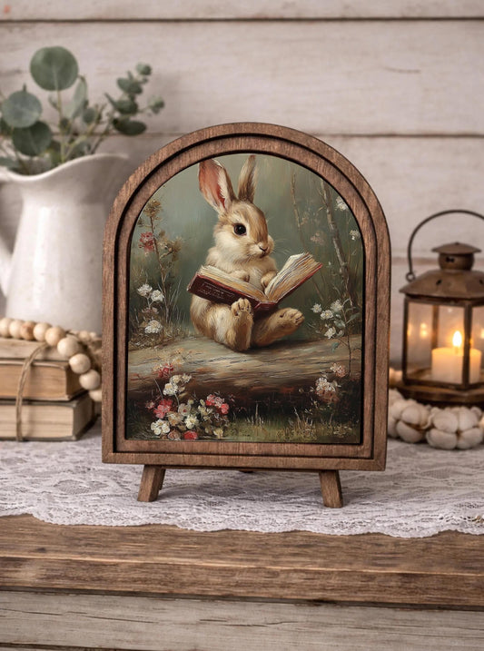 easter bunny arch wood framed home accent, Farmhouse shelf sitter, easter canvas art, Book lovers spring decor