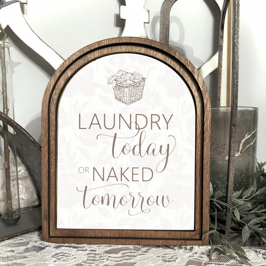 Farmhouse Laundry Room Sign – Vintage Inspired Clothesline Art | Wood Framed Arch Decor | Rustic Cottage Shelf & Counter Accent