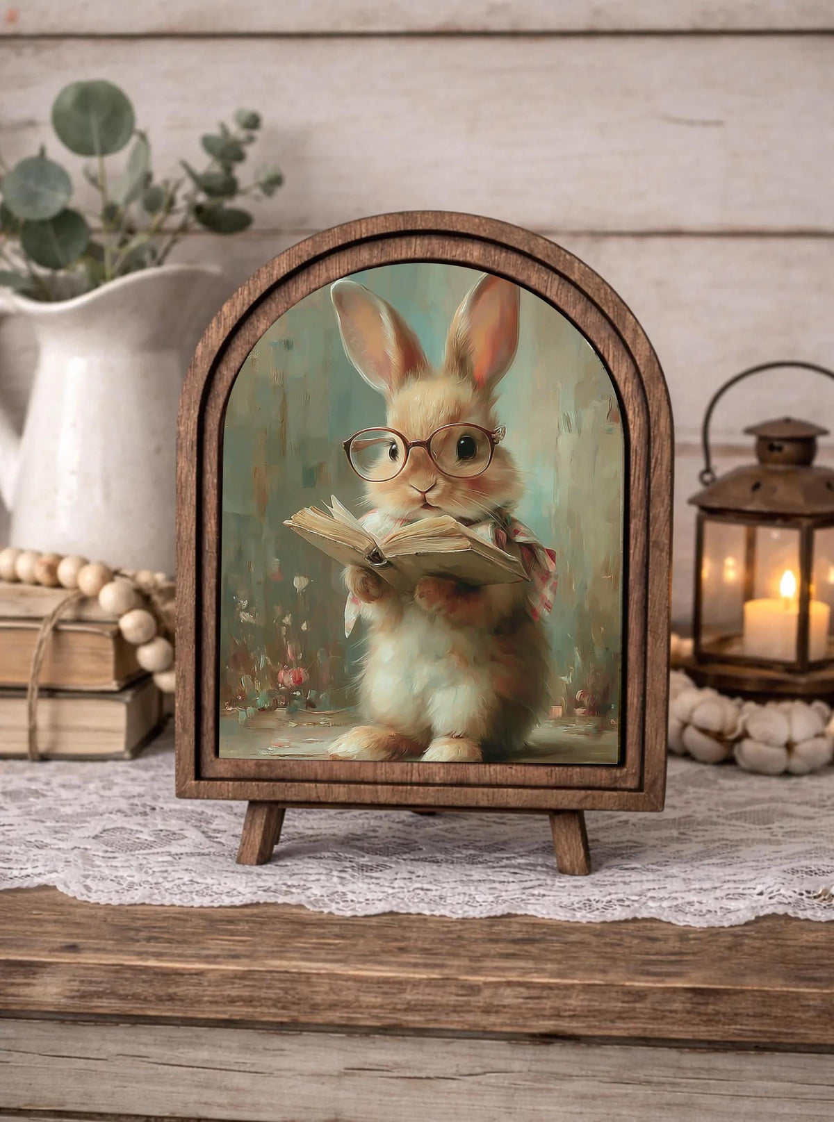 easter bunny arch wood framed home accent, Farmhouse shelf sitter, easter canvas art, Book lovers spring decor